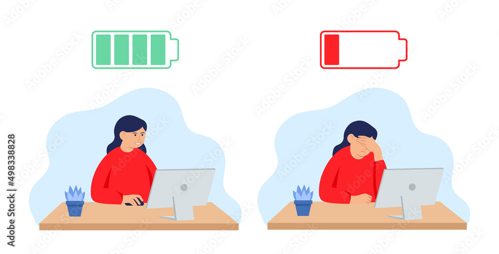 Professional burnout syndrome concept illustration with exhausted female office worker sitting at the table. Professional burnout syndrome concept illustration with exhausted female office worker sitting at the table.