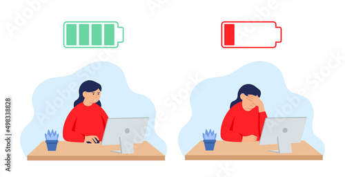 Professional burnout syndrome concept illustration with exhausted female office worker sitting at the table. 