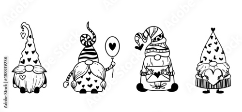 Funny Valentine's day garden gnomes isolated clip arts bundle, Cute dwarfs with hearts, valentine kids characters, vector illustration