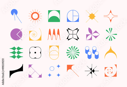 Set of modern futuristic figures. Abstract geometric shapes in brutalism style. Fragile vector objects with thin outline