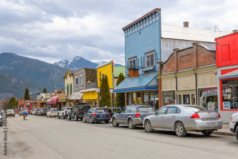 The historic downtown main street through the rural Canadian town of Kaslo British Columbia at early Spring.