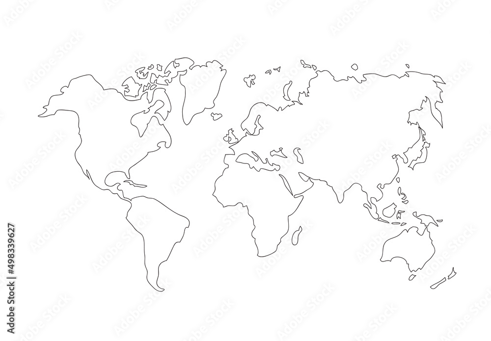 World map. Hand drawing simple generalized outline vector illustration. Line silhouette continents