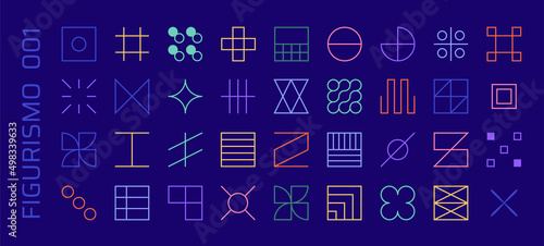 Set of vector abstract geometric linear icons of arrows and grids in memphis style, 