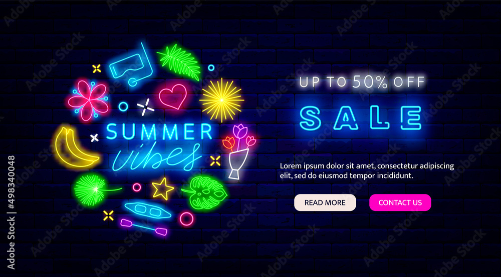 Summer sale neon landing page. Circle layout with vacation icons. Season discount concept. Vector stock illustration