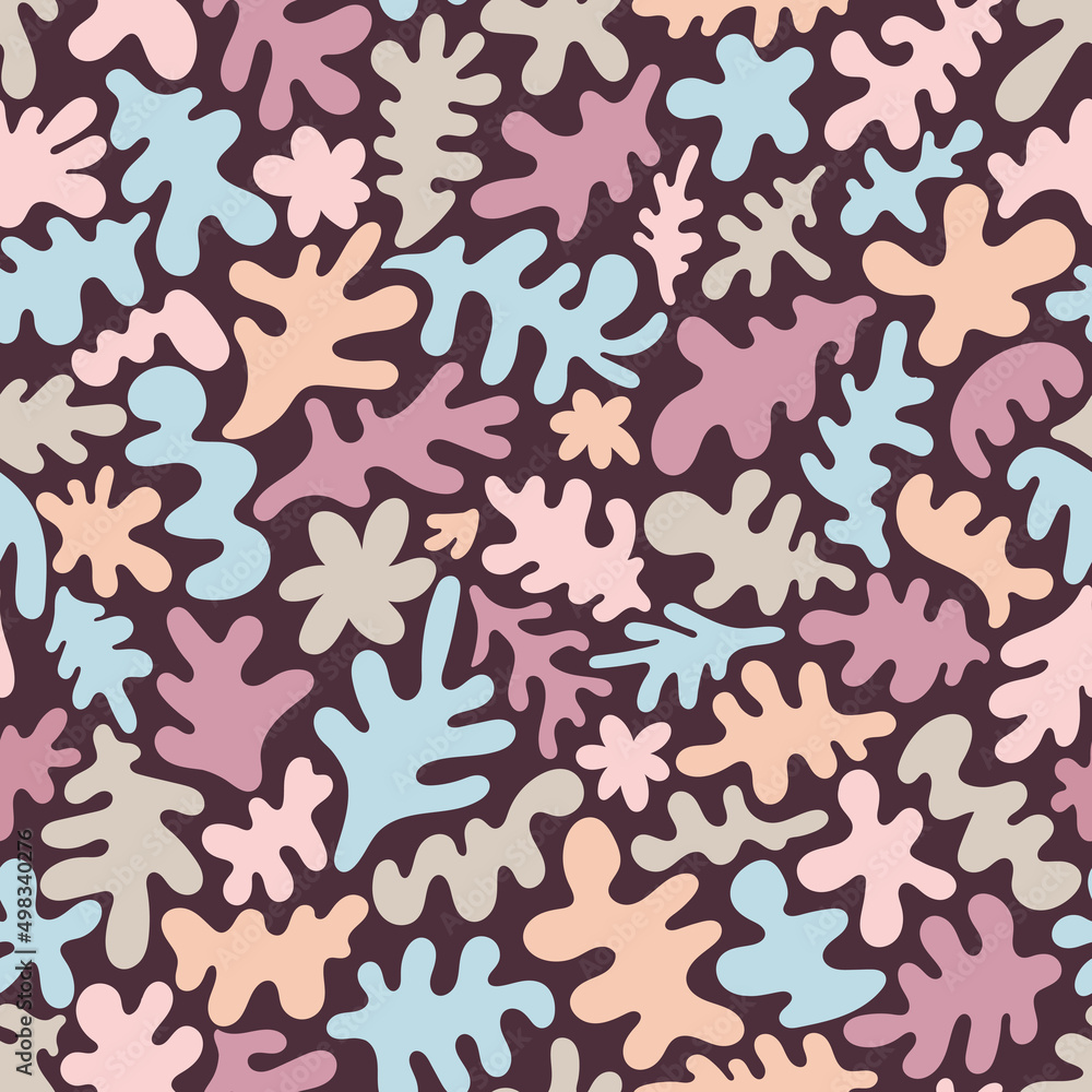 Simple seamless vector pattern with colorful abstract leaves on a dark background.