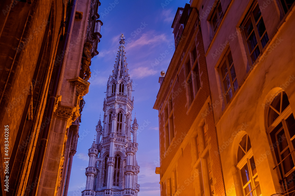 View of illuminated Grand Place and town square at night, Brussels, Belgium, 