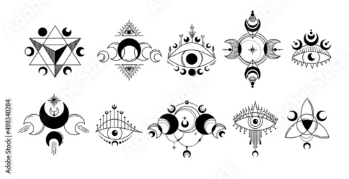 Mystical moon abstract composition, moon phases, sacred geometry, isolated cliparts bundle, celestial magic moon collection, silhouettes of luna, esoteric objects - vector