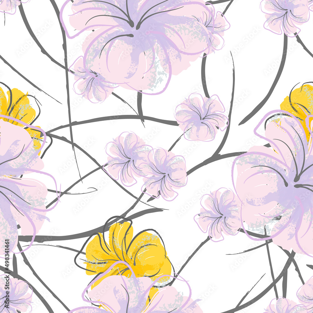 Pink Flowers Blooming Pattern. Pastel Watercolor.