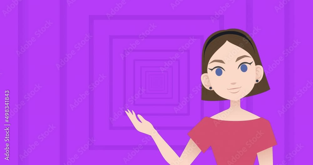 Animation of woman icon over purple squares Animation of woman icon over purple squares