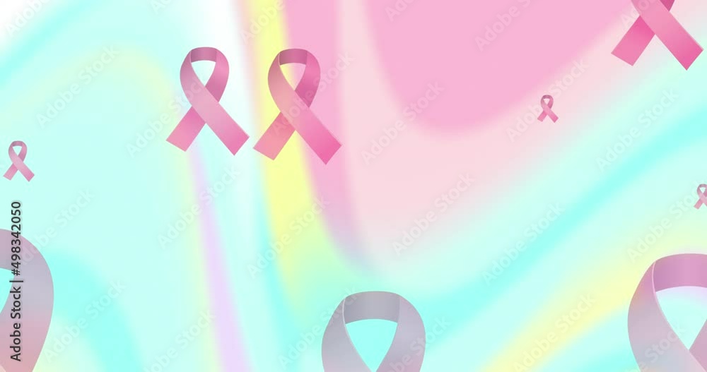 Animation of pink ribbons over colorful background Animation of pink ribbons over colorful background