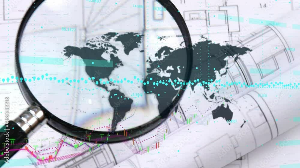 Animation of world map and magnifying glass over financial data processing Animation of world map and magnifying glass over financial data processing