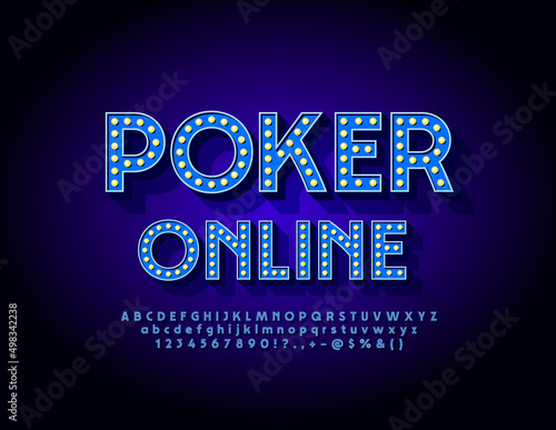 Vector illuminated emblem Poker Online. Glowing lighttube Font. Blue Lamp Alphabet Letters, Numbers an Symbols set