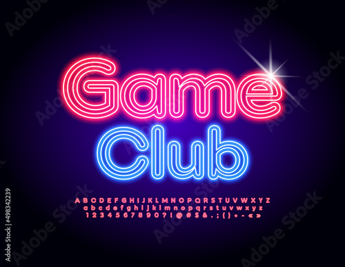 Fototapeta Naklejka Na Ścianę i Meble -  Vector neon emblem Game Club. Light maze Alphabet Letters, Numbers and Symbols set. Red electric Font