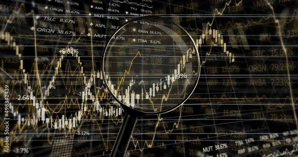 Animation of magnifying glass over financial data processing Animation of magnifying glass over financial data processing
