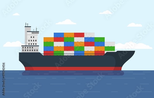 Cargo ship with containers in ocean. Freight transport with loaded container ship. Import and export maritime logistic service. International delivery concept. Vector illustration