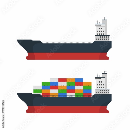 Empty and loaded cargo ship with containers isolated on white. Freight transport with container ship. Import and export maritime logistic service. International delivery concept. Vector illustration