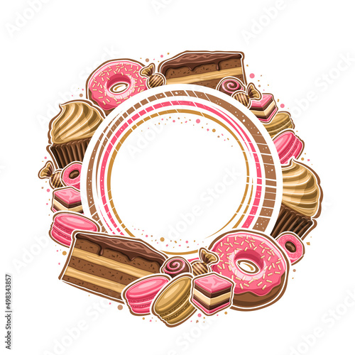Vector frame for Patisserie with copy space, decorative sign board with illustration of various desserts, glaze cake slice, rose color frosting donut, brown cup cake with whipped cream for patisserie