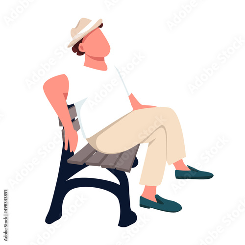 Carefree guy chilling on bench semi flat color vector character. Relaxing at park. Sitting figure. Full body person on white. Simple cartoon style illustration for web graphic design and animation