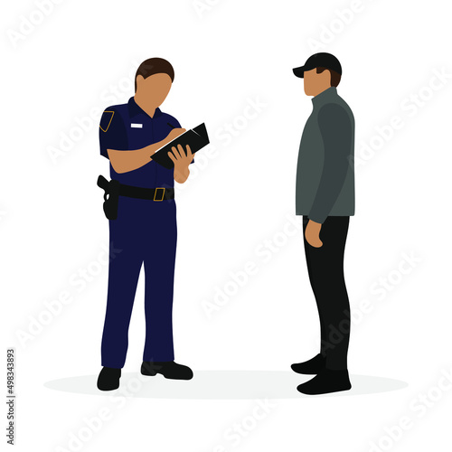 Policeman writing on sheet of paper and male character on white background
