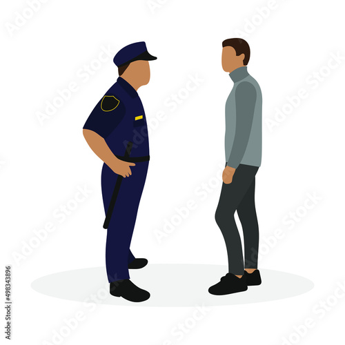 Policeman in uniform and male character on white background