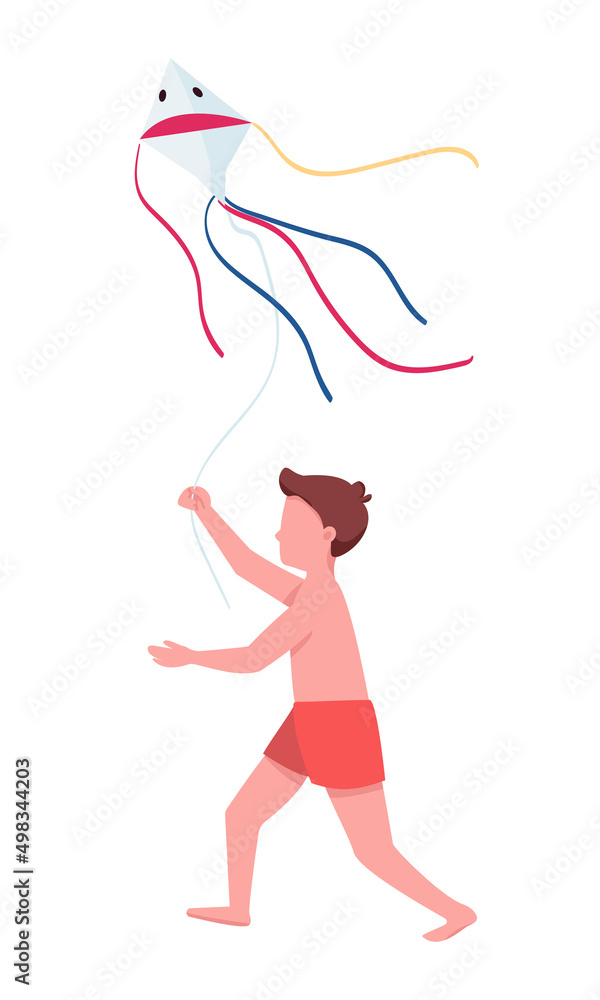 Little boy playing with kite on beach semi flat color vector character. Running figure. Full body person on white. Simple cartoon style illustration for web graphic design and animation Little boy playing with kite on beach semi flat color vector character. Running figure. Full body person on white. Simple cartoon style illustration for web graphic design and animation