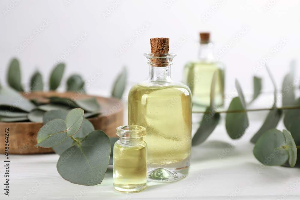bottles of eucalyptus essential oil and plant branches on white marble table