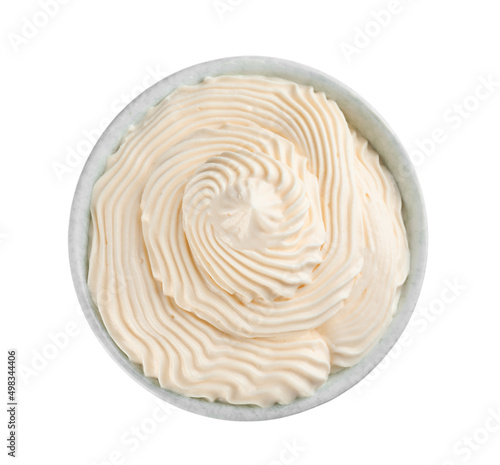 Delicious whipped cream isolated on white, top view