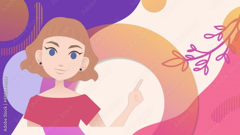 Animation of woman talking over shapes and plant icons Animation of woman talking over shapes and plant icons