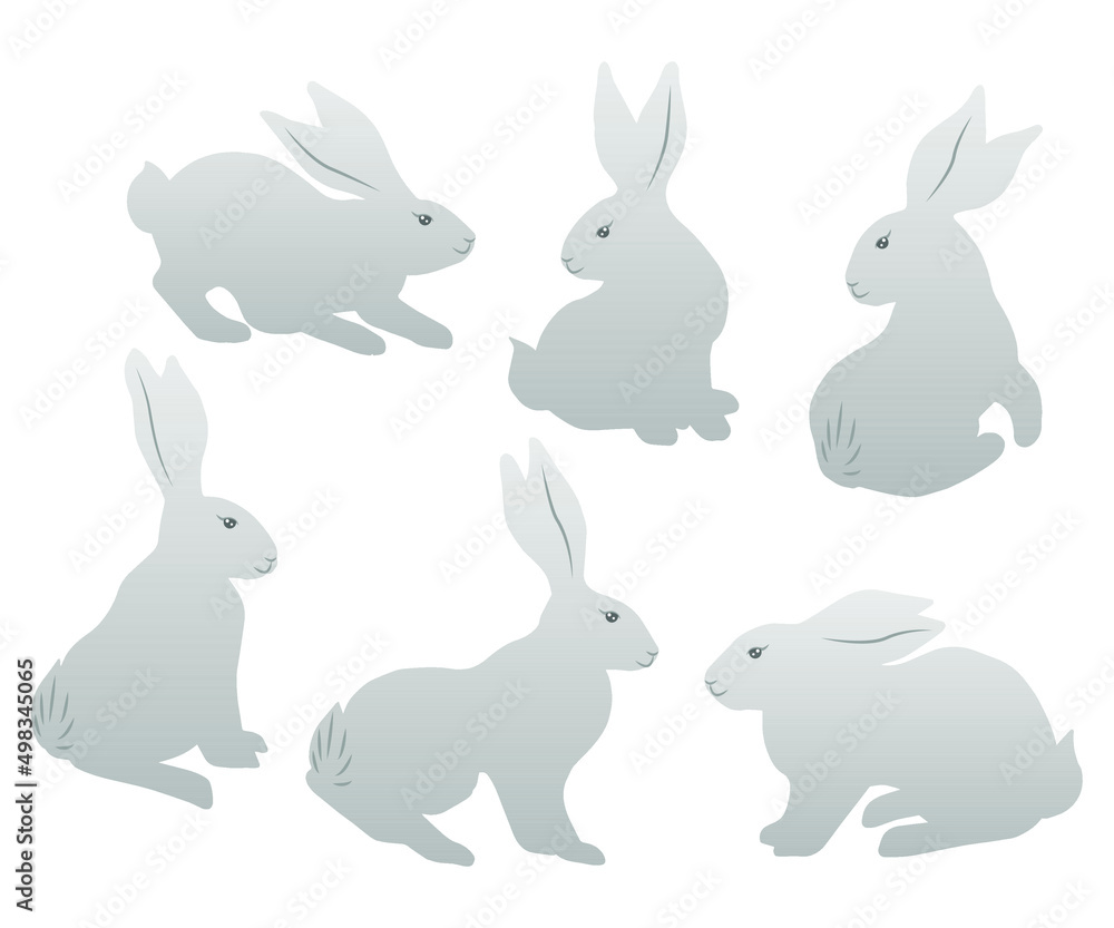 Grey color Cute hares sketch vector illustration. Draw character design banner background little rabbits. For Easter and spring. Doodle cartoon style.