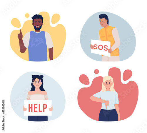 Gestures and signs 2D vector isolated illustrations set. Emotions flat characters on cartoon background. Colourful scenes collection for mobile, website, presentation. Bebas Neue, Quicksand fonts used