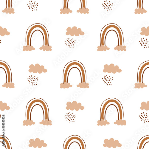Vector seamless pattern with abstract rainbows with clouds. Boho rainbows with rain. Cute background.