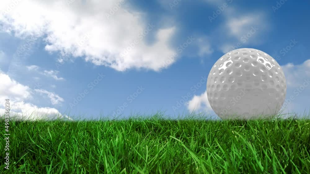 Animation of golf ball on grass over cloudy sky