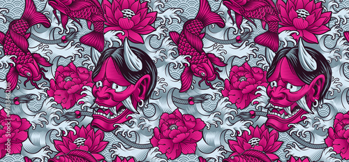 Japanese tattoo seamless pattern with koi fish, Oni demon, and Japanese waves.