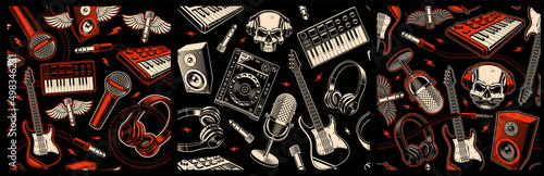 Set of vector music seamless backgrounds with different musical instruments