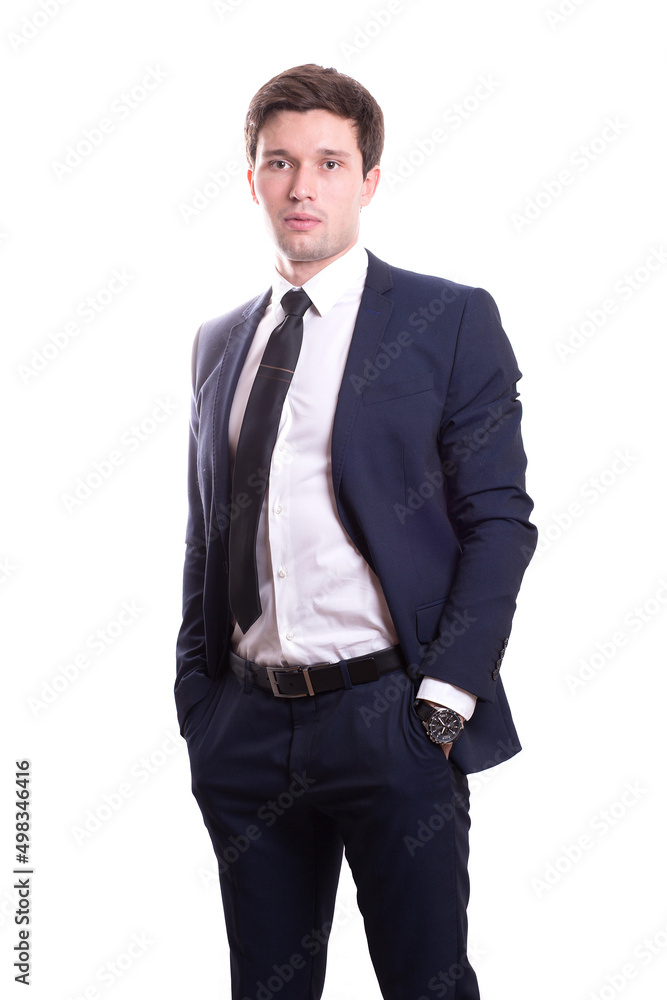 young white handsome man in a shirt strict office suit stands isolated on a white background young white handsome man in a shirt strict office suit stands isolated on a white background