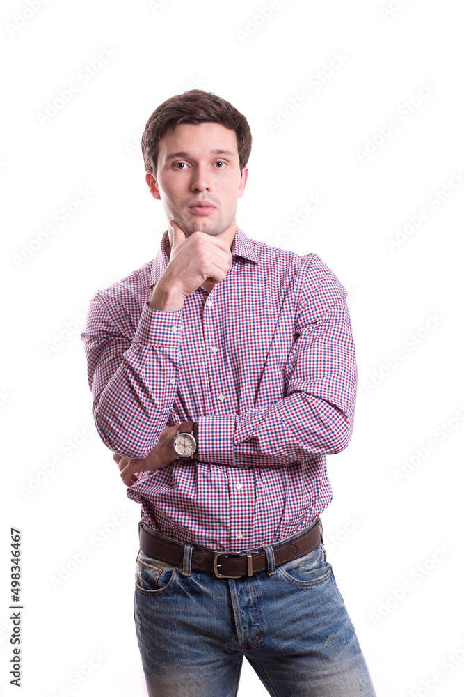 young white handsome man in a shirt strict office suit stands isolated on a white background young white handsome man in a shirt strict office suit stands isolated on a white background