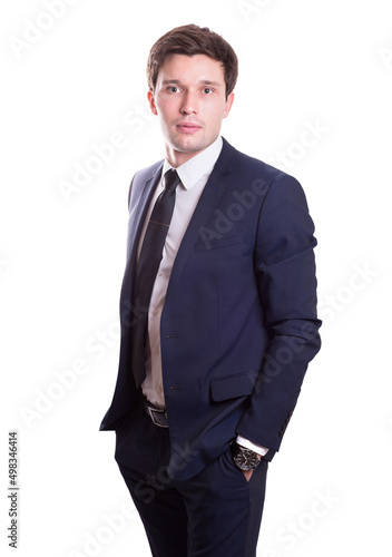 young white handsome man in a shirt strict office suit stands isolated on a white background