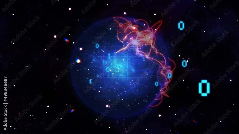 Animation of binary coding and globe with shapes on black background Animation of binary coding and globe with shapes on black background