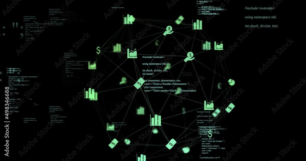 Animation of data processing and business icons on black background Animation of data processing and business icons on black background