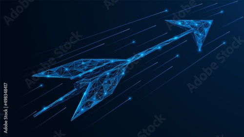 An arrow flying up. Polygonal design of interconnected lines and points. Blue background.