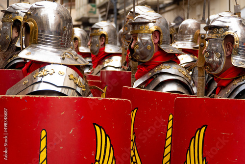 roman soldiers in a historical reenactment in easter. People performing a Roman legion