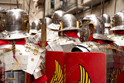 roman soldiers in a historical reenactment in easter. People performing a Roman legion