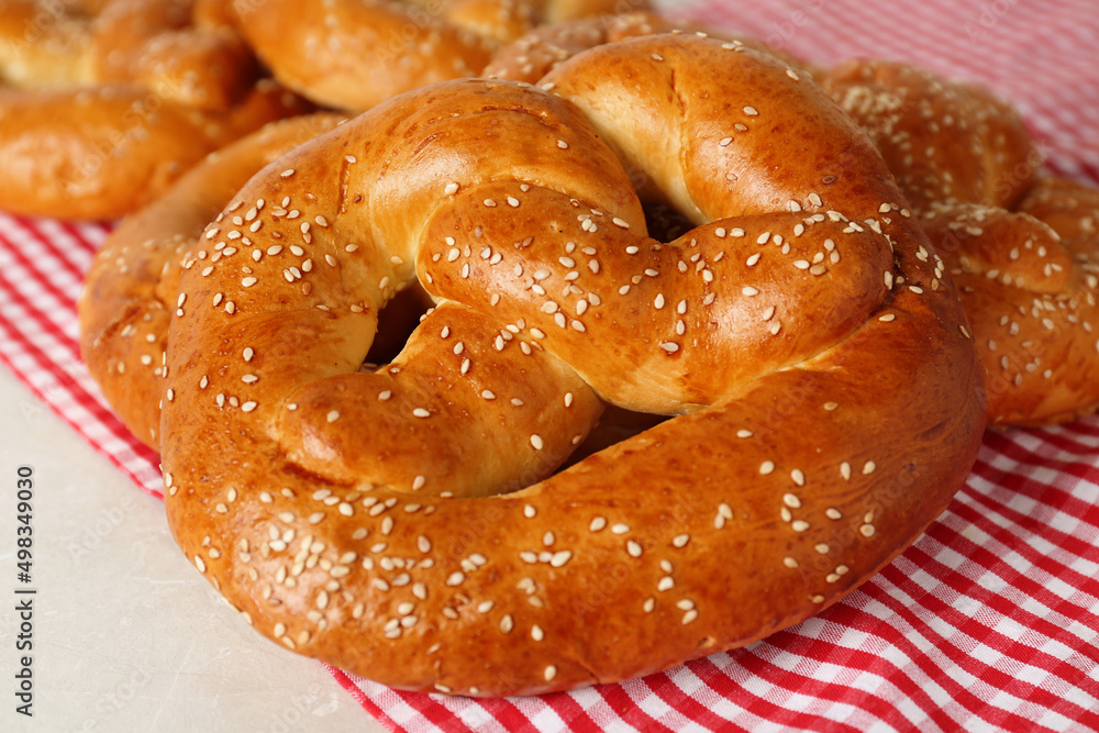 Tasty freshly baked pretzels on table, closeup Tasty freshly baked pretzels on table, closeup