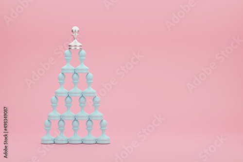 Pyramid of pastel blue pawns with a silver pawn in the top.3D conceptual illustration