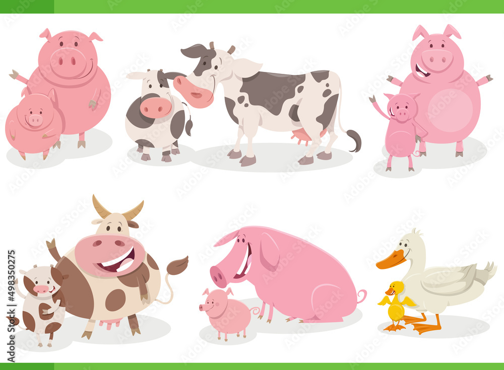 cartoon funny farm animal characters set with babies cartoon funny farm animal characters set with babies