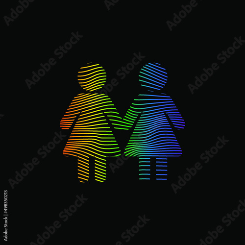 Dynamic line wave LGBTQ+ sexual identity pride concept. Rainbow colors female and female symbol on black background
