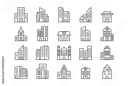 Buildings line icons. Simple house, office, residential block city symbols editable strokes, urban concept. Vector set