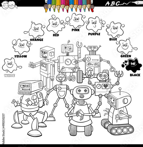 basic colors color book with group of cartoon robots