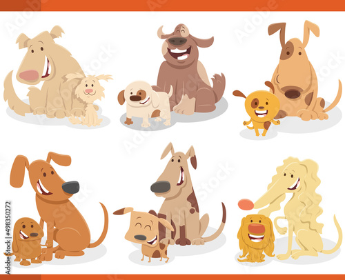 funny cartoon dogs with puppies comic characters set
