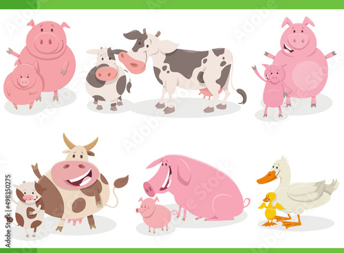 cartoon funny farm animal characters set with babies